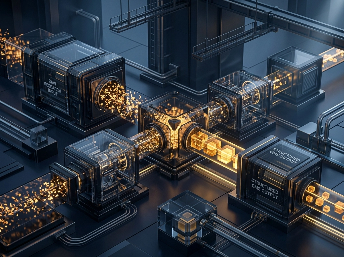 Futuristic machine showing smart content generation and automated blog post output.