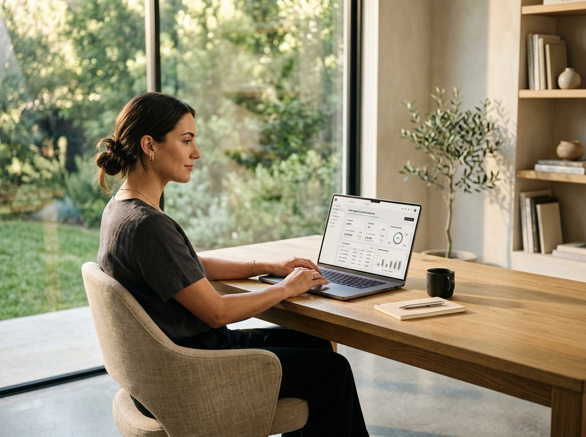 Woman using an AI blog writing platform to streamline her content creation workflow at a desk.