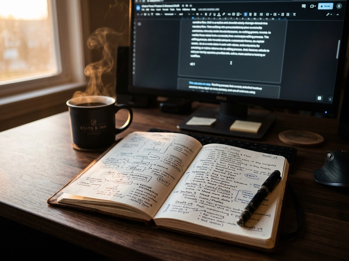 A desk with a notebook and computer screen, showing the process of improving AI generated text quality.