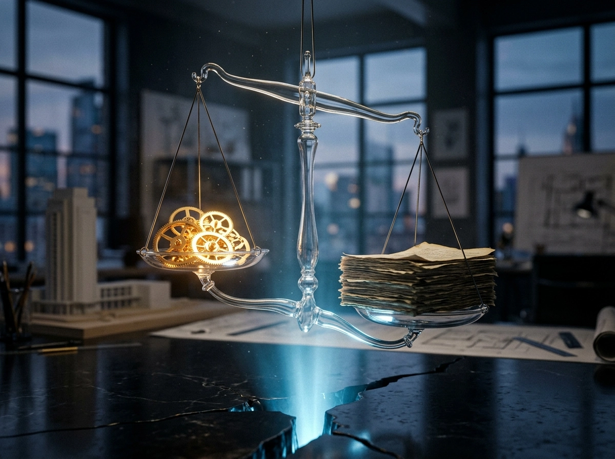 Glass scales balancing gears and papers, representing automated content quality and Google rankings for AI content.