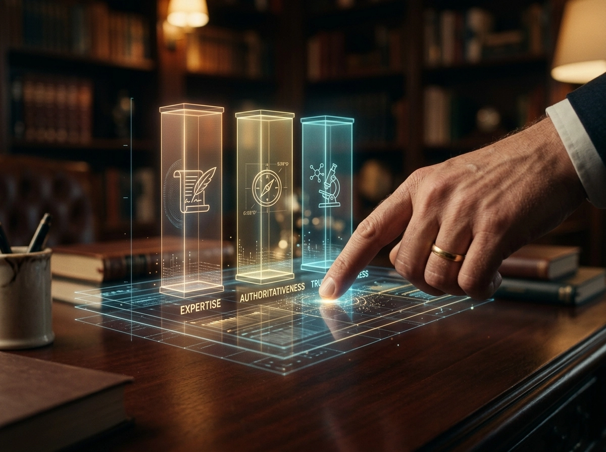 A hand interacting with a digital display of E-E-A-T, essential for search engine optimization for blogs.