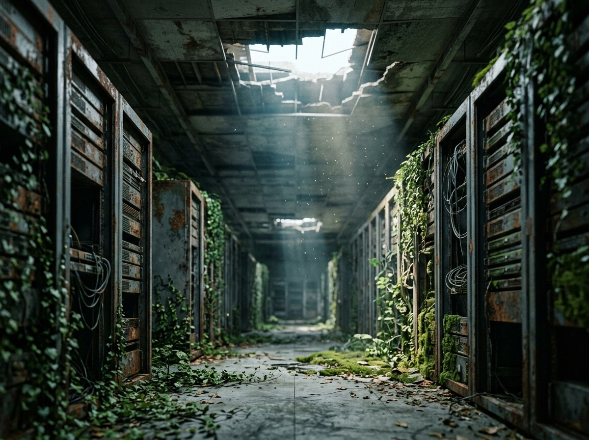 Abandoned server room with vines, representing risks to automated content quality and SEO rankings.