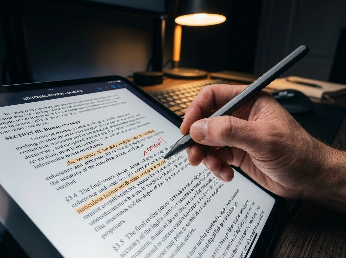 Hand editing AI generated text on a tablet, highlighting the need for human oversight in SEO blog writing.