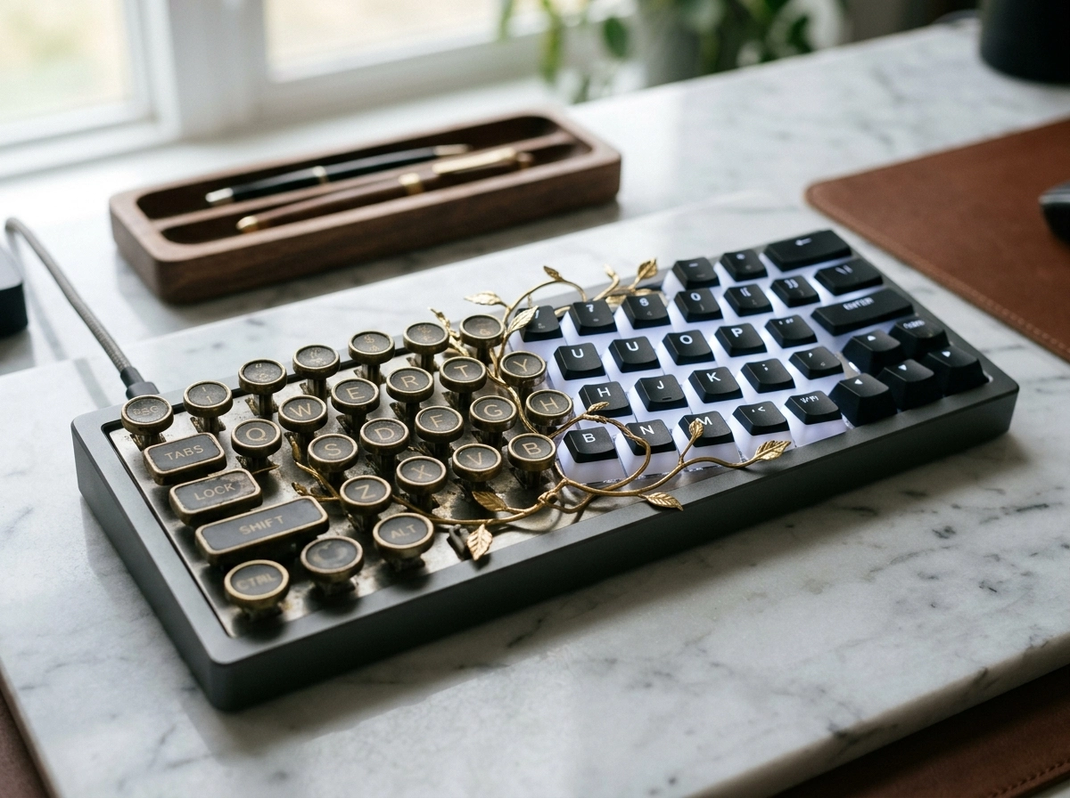 Hybrid vintage and modern keyboard for ai blog post writers to improve search engine optimization for blogs.