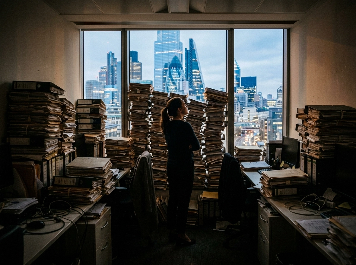 Person standing in an office with stacks of paper, highlighting the need for editorial workflow automation.