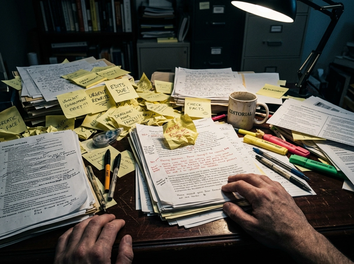 A cluttered desk showing the struggle of manual editorial workflow automation and content creation.