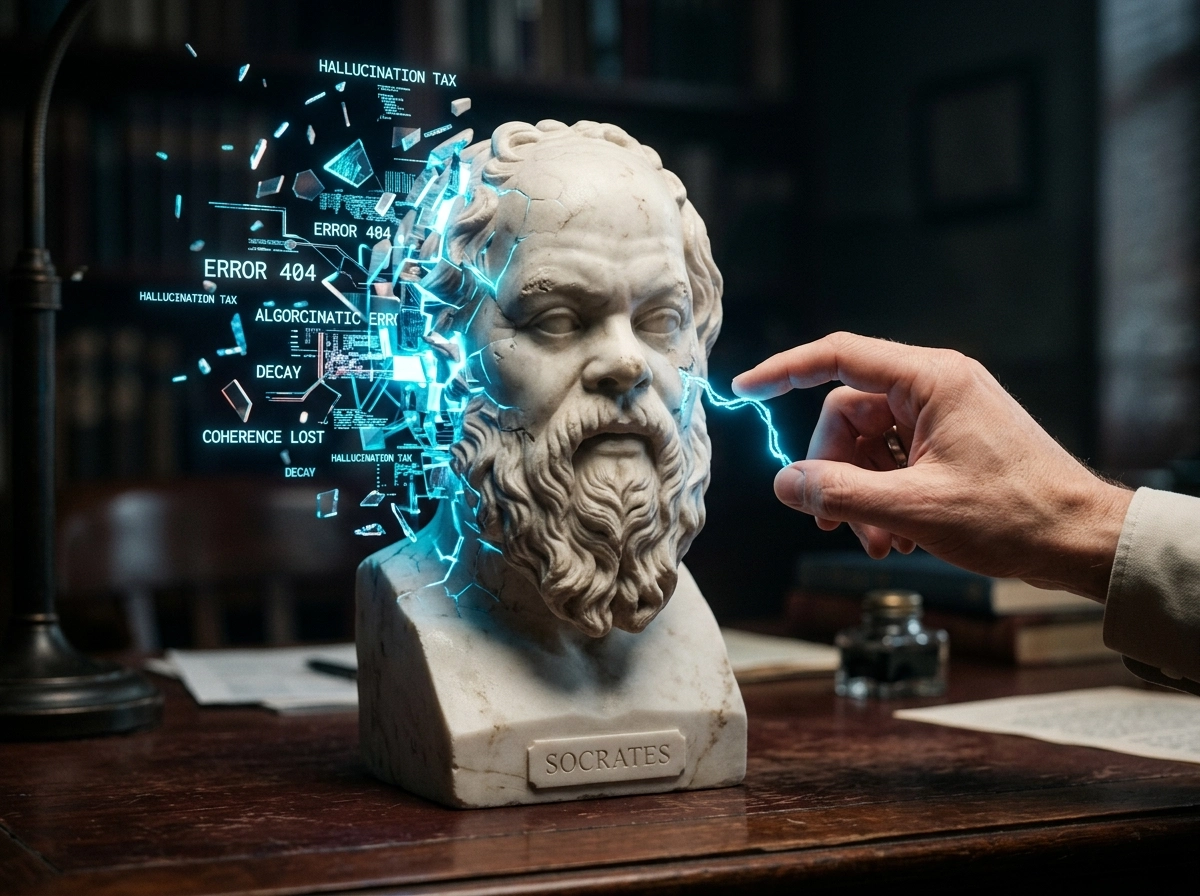 Socrates bust with digital errors, highlighting risks of using an AI article writer for SEO content.