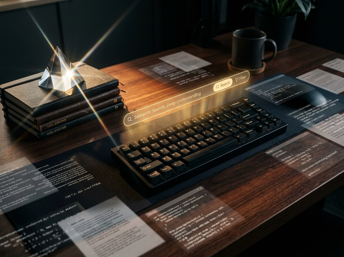 A keyboard with a search bar showing semantic search signals, essential for an seo friendly content generator.