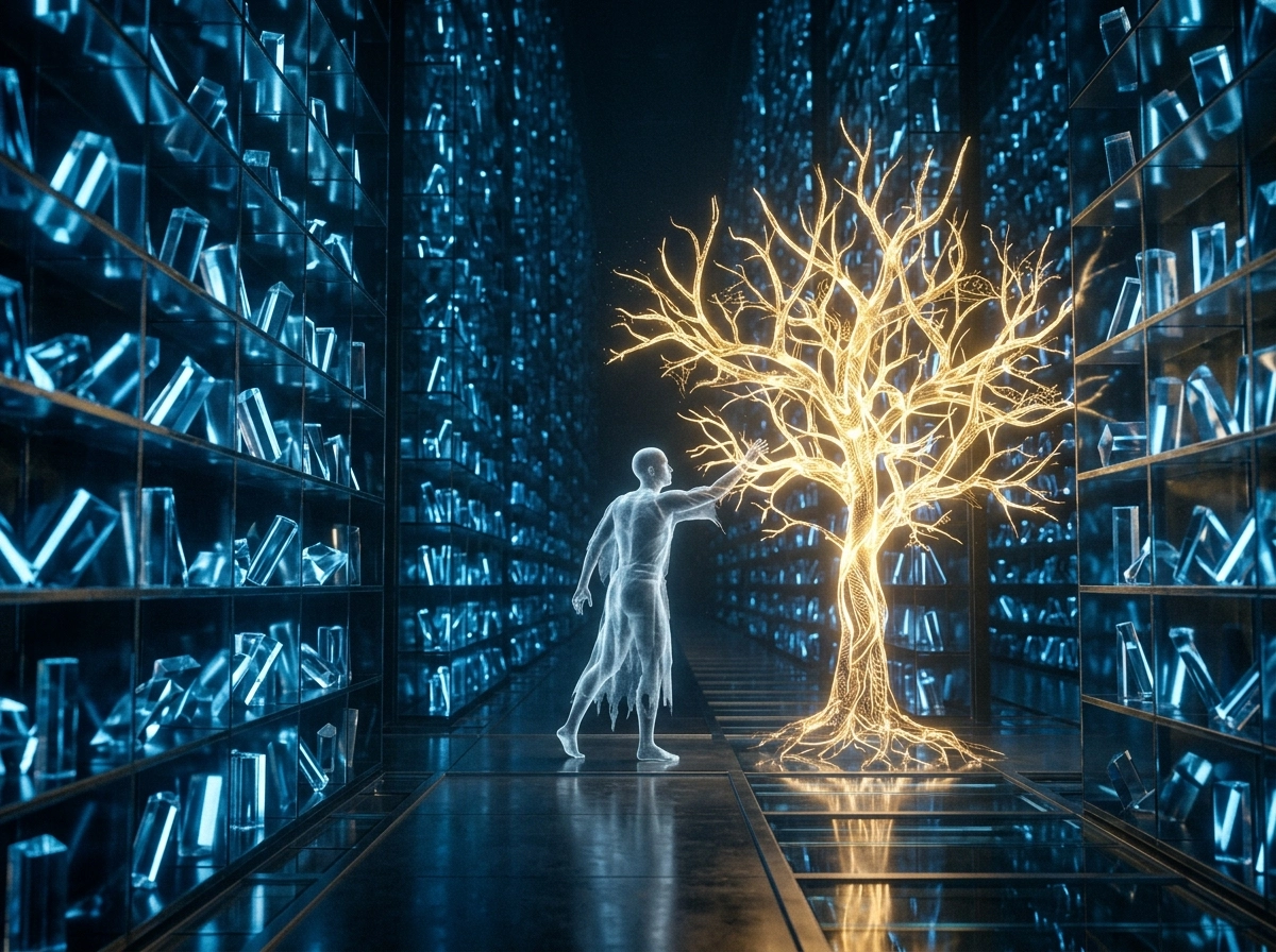 A translucent figure touches a glowing tree, representing AI writing programs and content depth issues.