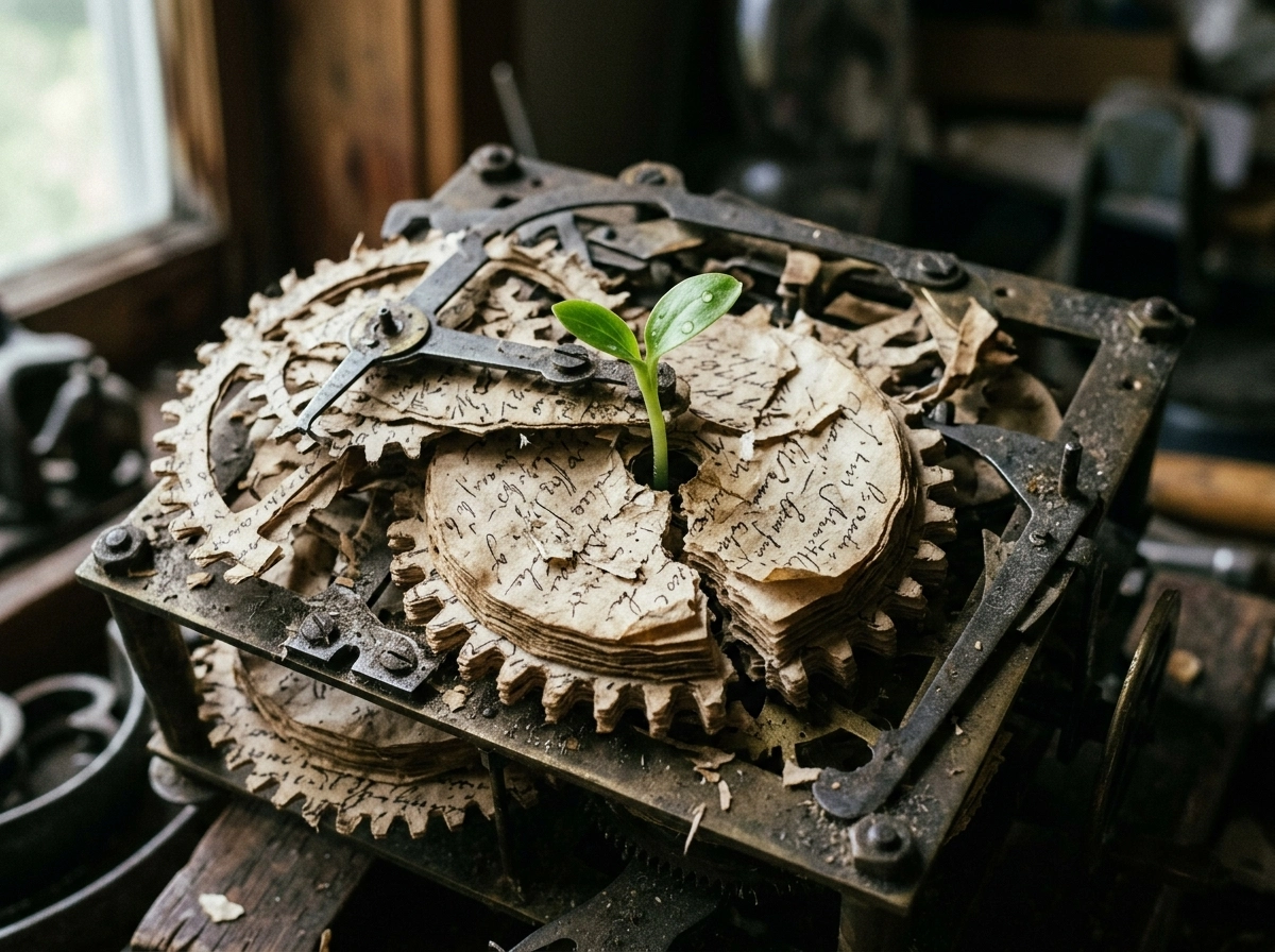 A small green plant growing through old gears and paper, symbolizing content marketing automation.