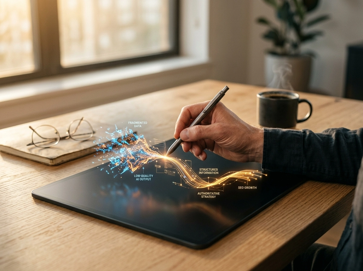 Hand using stylus on tablet to fix AI copywriting pitfalls for better SEO growth and content depth.