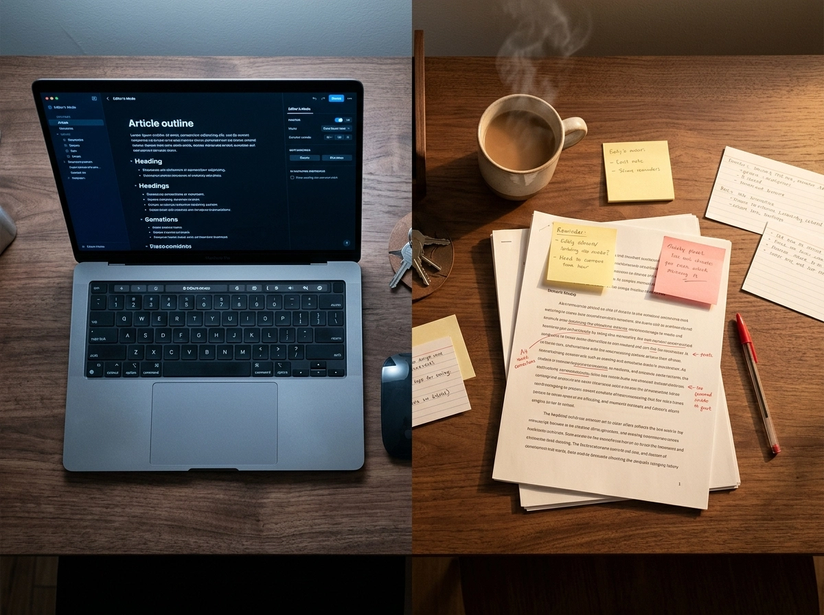 A split view comparing an automated blog post writer on a laptop to traditional manual editing.