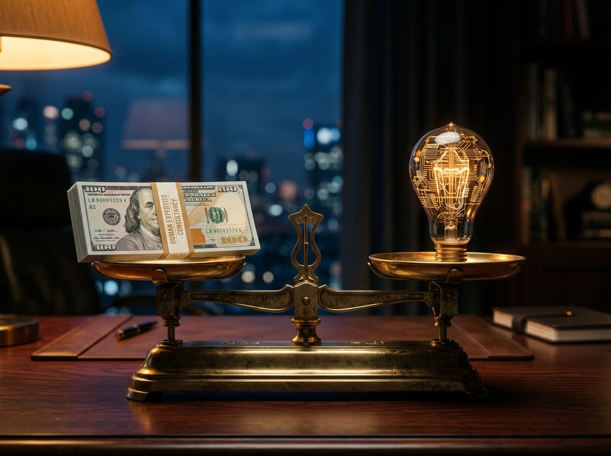 Balance scale comparing money to an AI lightbulb, representing the cost of an AI article generator.