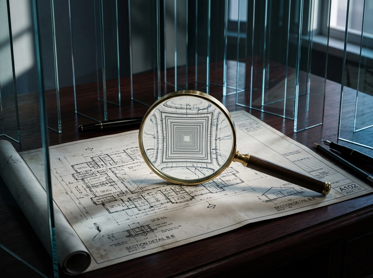 A magnifying glass over architectural blueprints, symbolizing the analysis of AI writing tools.