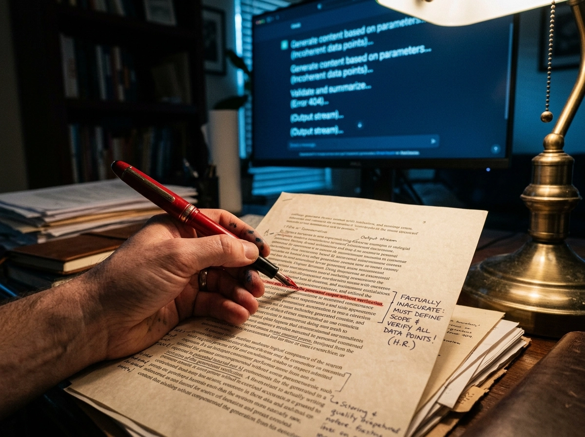 Hand editing an AI article generator draft, highlighting inaccuracies in content creation performance.