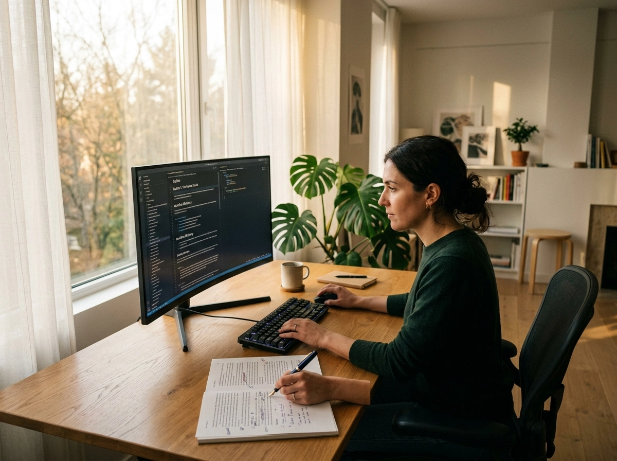 A writer reviewing content from an automated blog post writer on a computer, comparing AI writing tools.