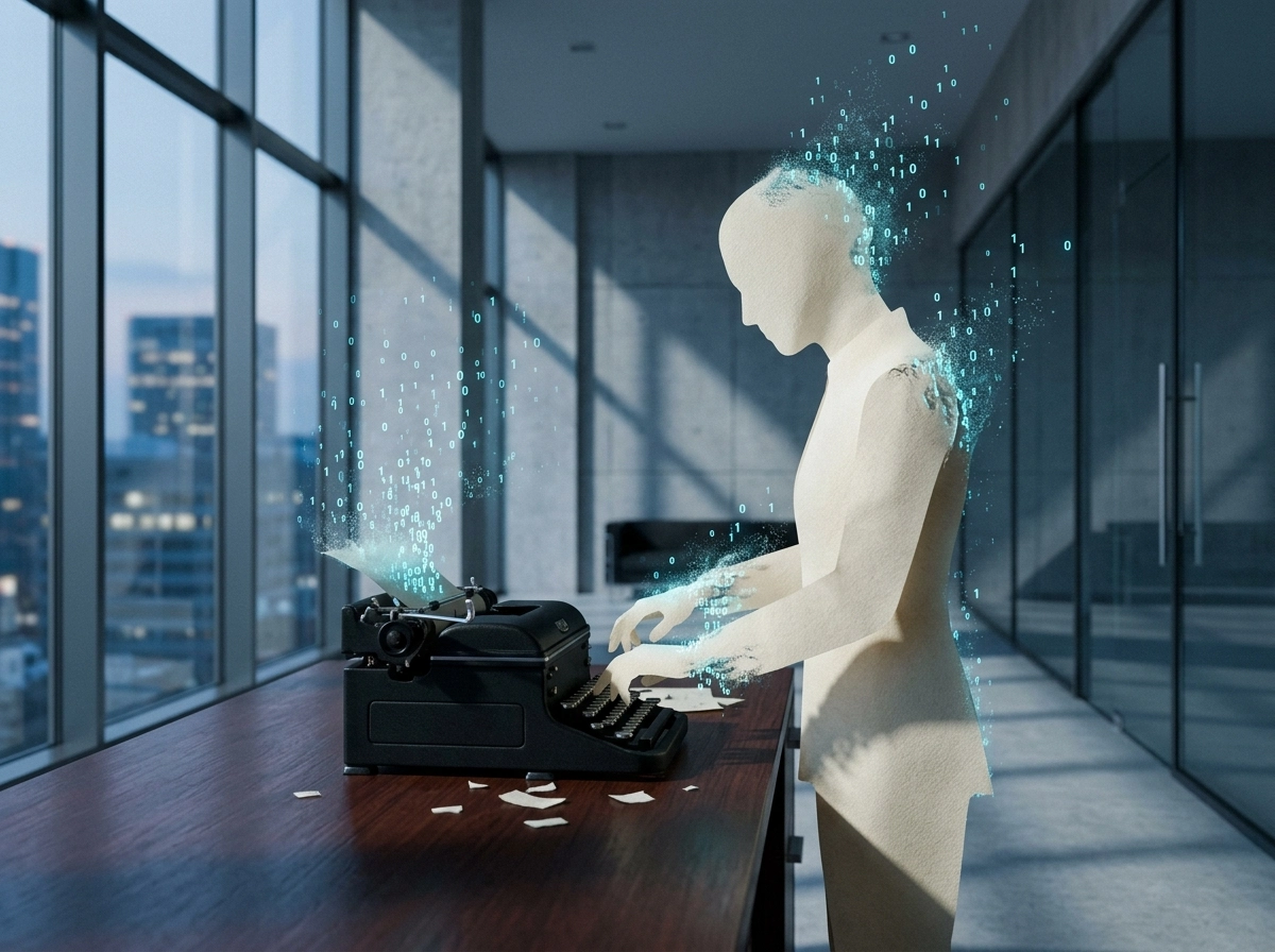 Digital human figure using an AI article generator to type on a vintage typewriter.