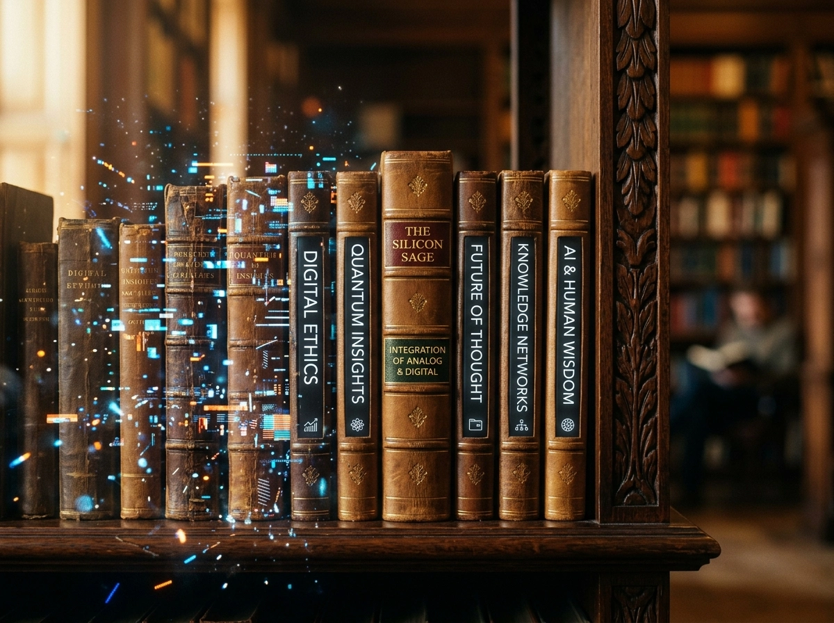 Old books on a shelf with digital data, representing the evolution from manual writing to an ai seo content generator.