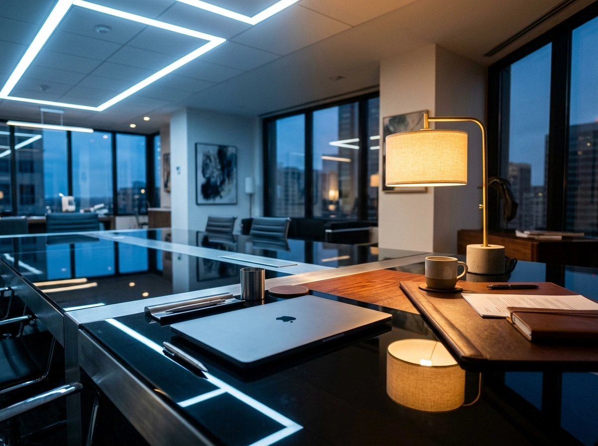 A modern office desk setup for an AI seo blog writer, balancing manual seo vs ai strategy.