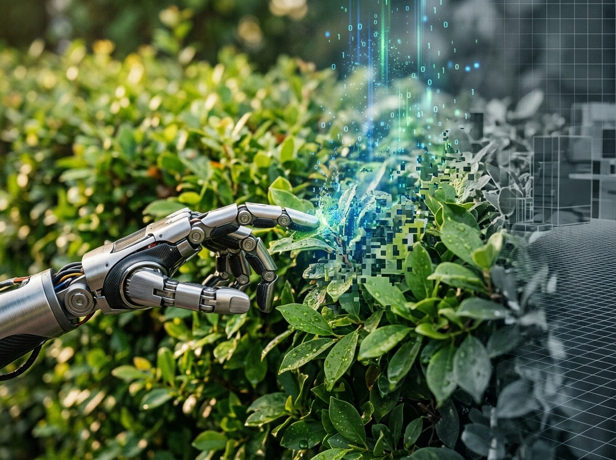 A robotic hand touching leaves, representing an AI seo blog writer and automated seo writing technology.