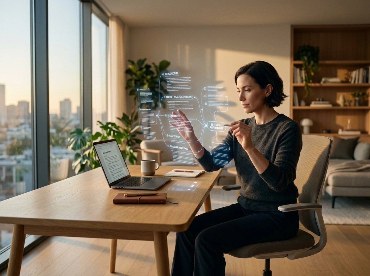 A woman using an seo content generator to refine search rankings performance with digital data overlays.