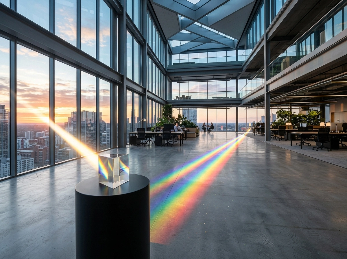 A prism refracting light in an office, symbolizing AI seo blog writer tools for organic traffic growth.