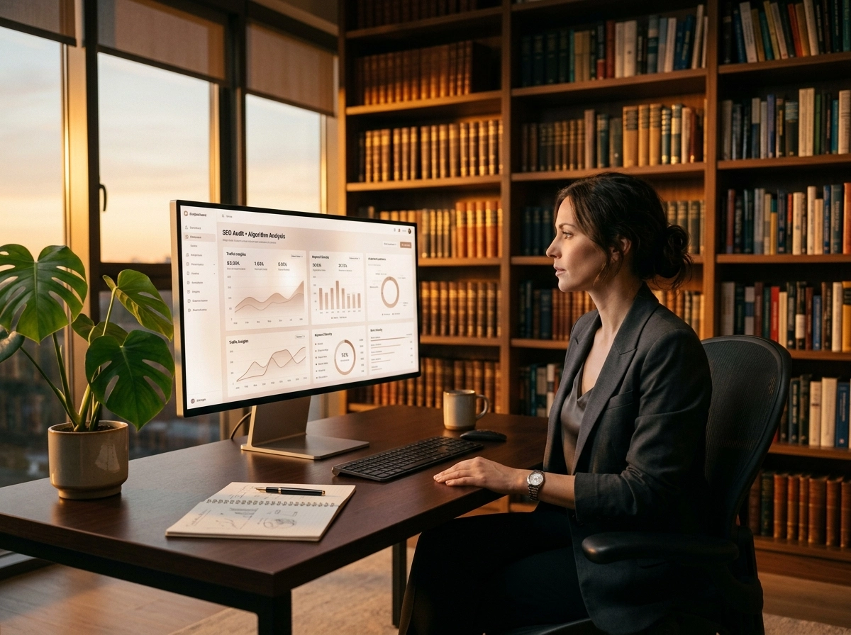 Professional using an automated SEO audit dashboard on a computer to improve software ROI.