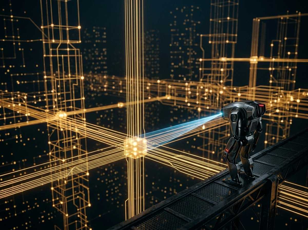 A robot using technical SEO software to perform an automated SEO audit on a glowing digital data grid.