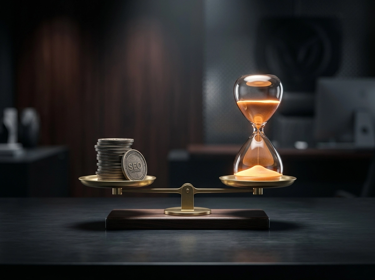 A scale balancing coins and an hourglass, representing the software ROI of an SEO automation tool.