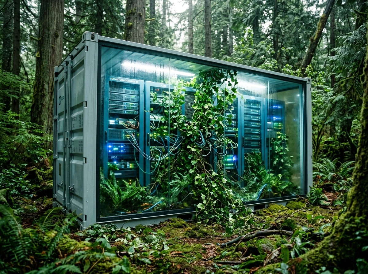 A server rack in a forest, representing automated seo audit and technical seo software efficiency.