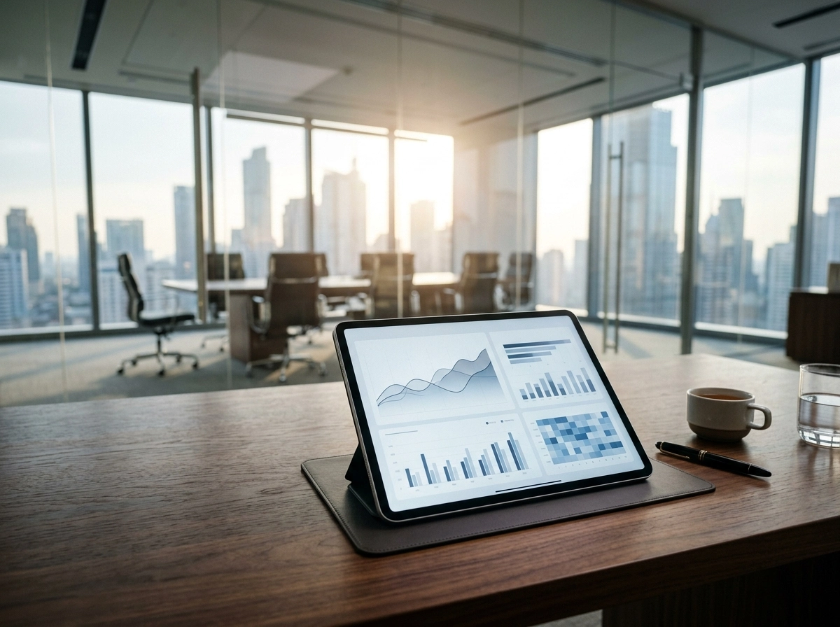 Tablet showing seo automated software data in a modern office.