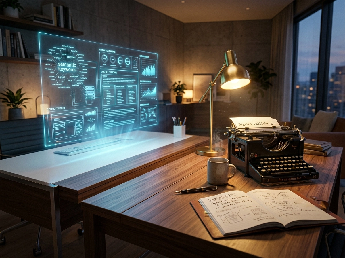 A modern office desk featuring an automated content creation tool and seo content writing software.