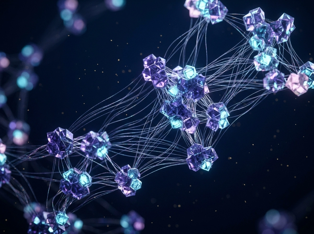 Abstract digital network of glowing crystals, representing an ai driven content platform and data connectivity.