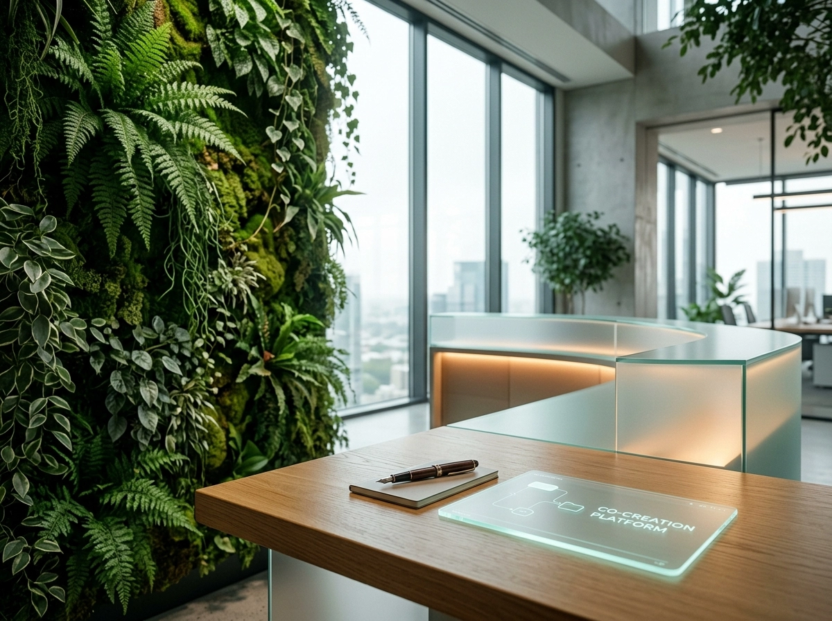 Modern office with a green wall and an automated content creation tool interface on a sleek wooden desk.