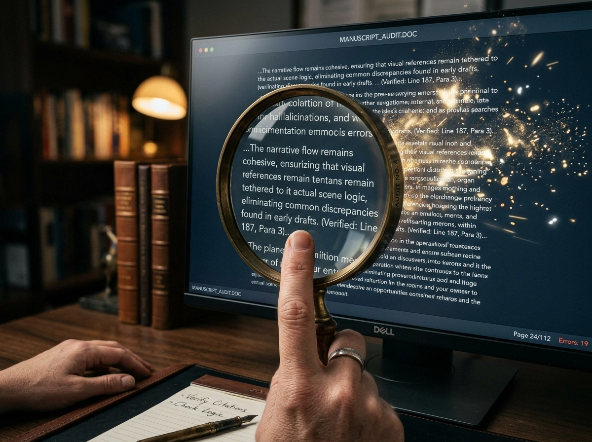 A magnifying glass over a screen, showing how an ai driven content platform audits text for quality.