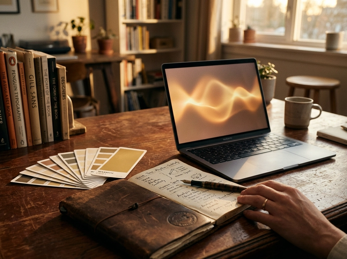 A laptop displaying abstract art next to a notebook, representing creative blogging workflow automation.
