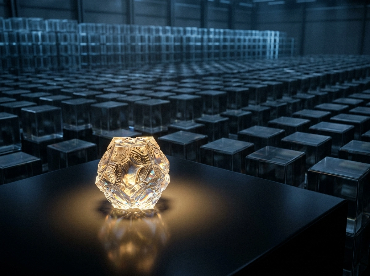 Glowing crystal in a grid, representing an AI driven content platform for blogging workflow automation.