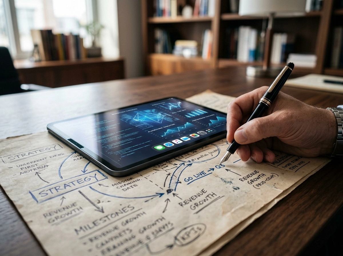 Hand using pen on strategy map with SEO automated software data on tablet.