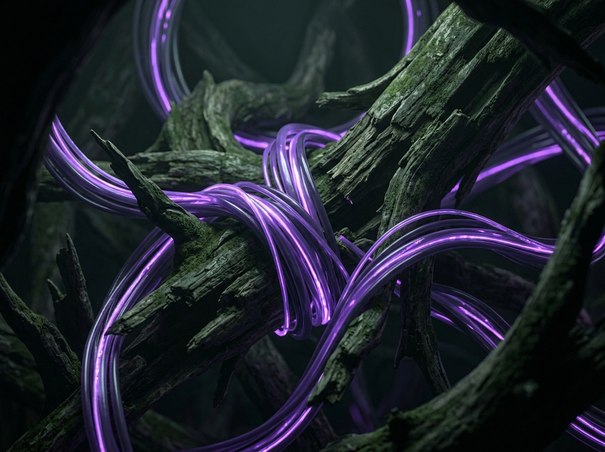 Glowing purple cables tangled around wood, representing complex SEO automation tools.