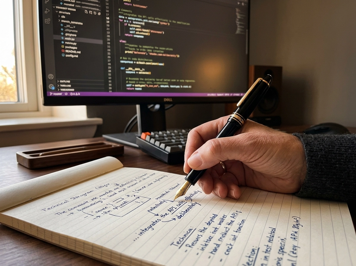 Hand writing code notes with an AI seo article writer tool on screen.
