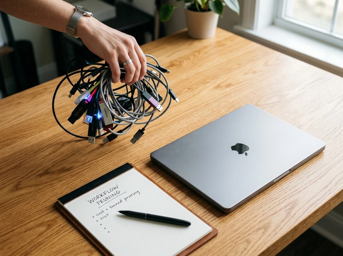 Hand holding tangled cables near a laptop, symbolizing seo software bloat.