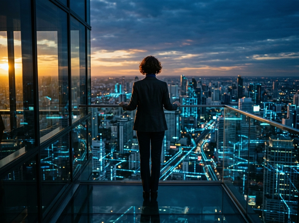 Business person overlooking city, evaluating seo software ROI and organic traffic growth strategies.