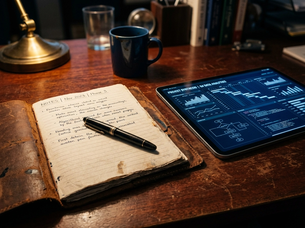 Handwritten notes next to a tablet displaying data, representing an AI content generator strategy.