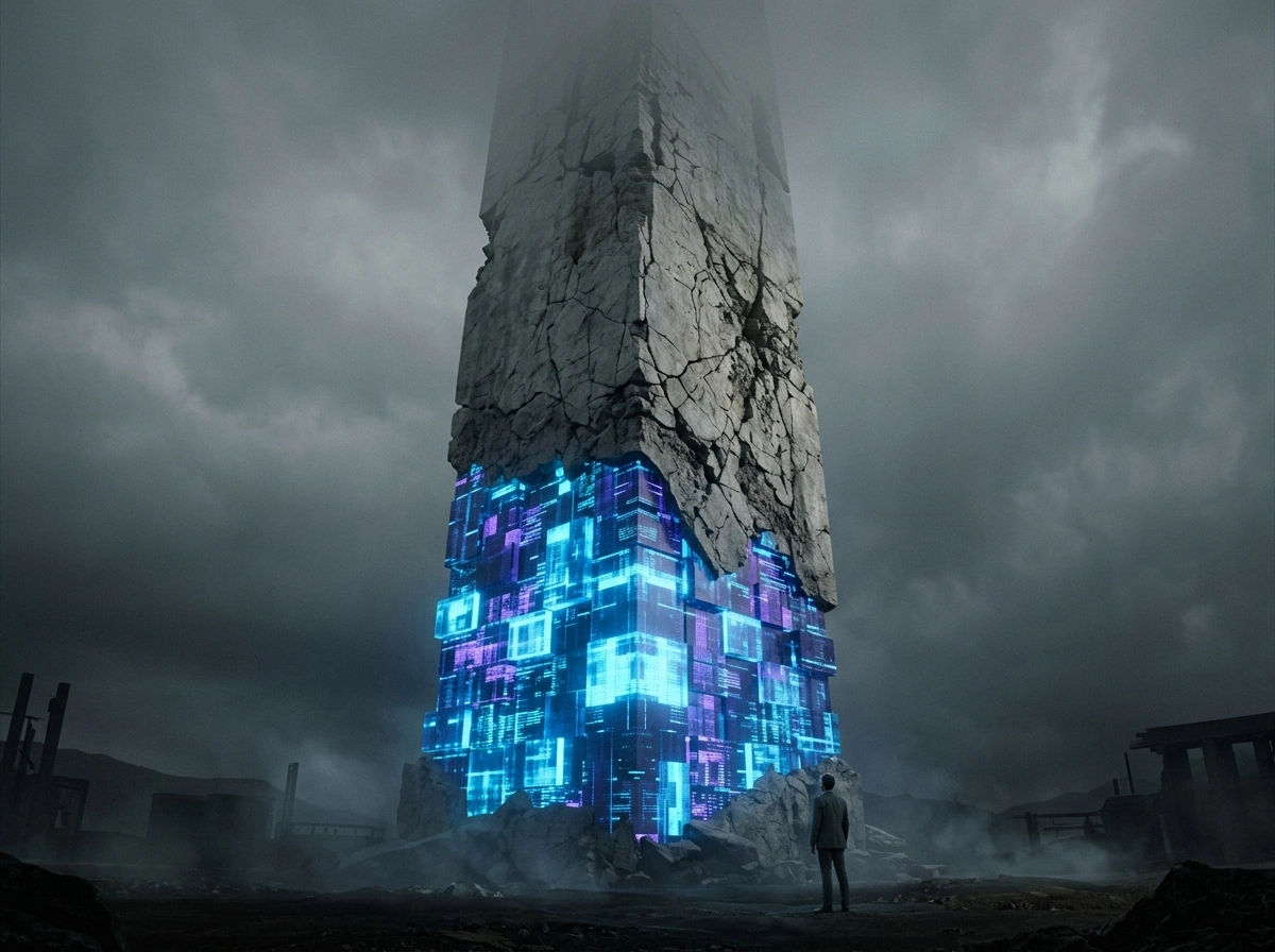 A person stands before a massive stone monolith glowing with digital AI content generator code.