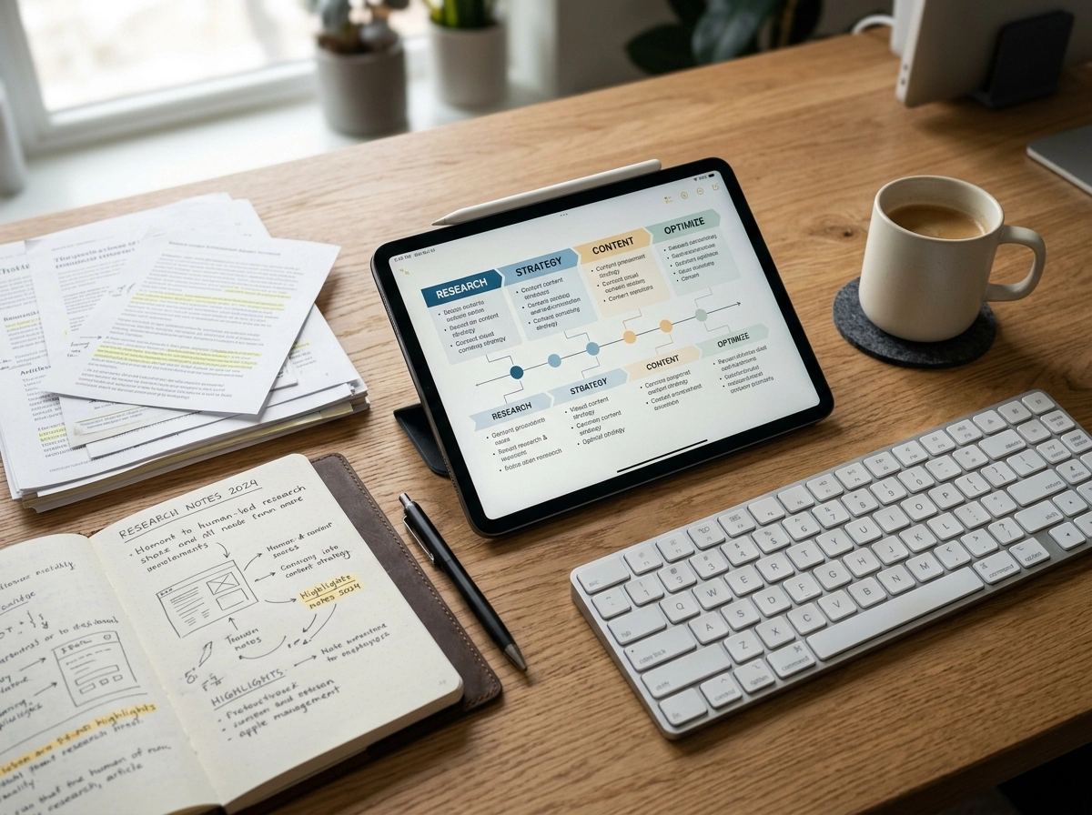 A desk with a tablet showing a content scaling strategy and notes for an AI seo writing assistant.