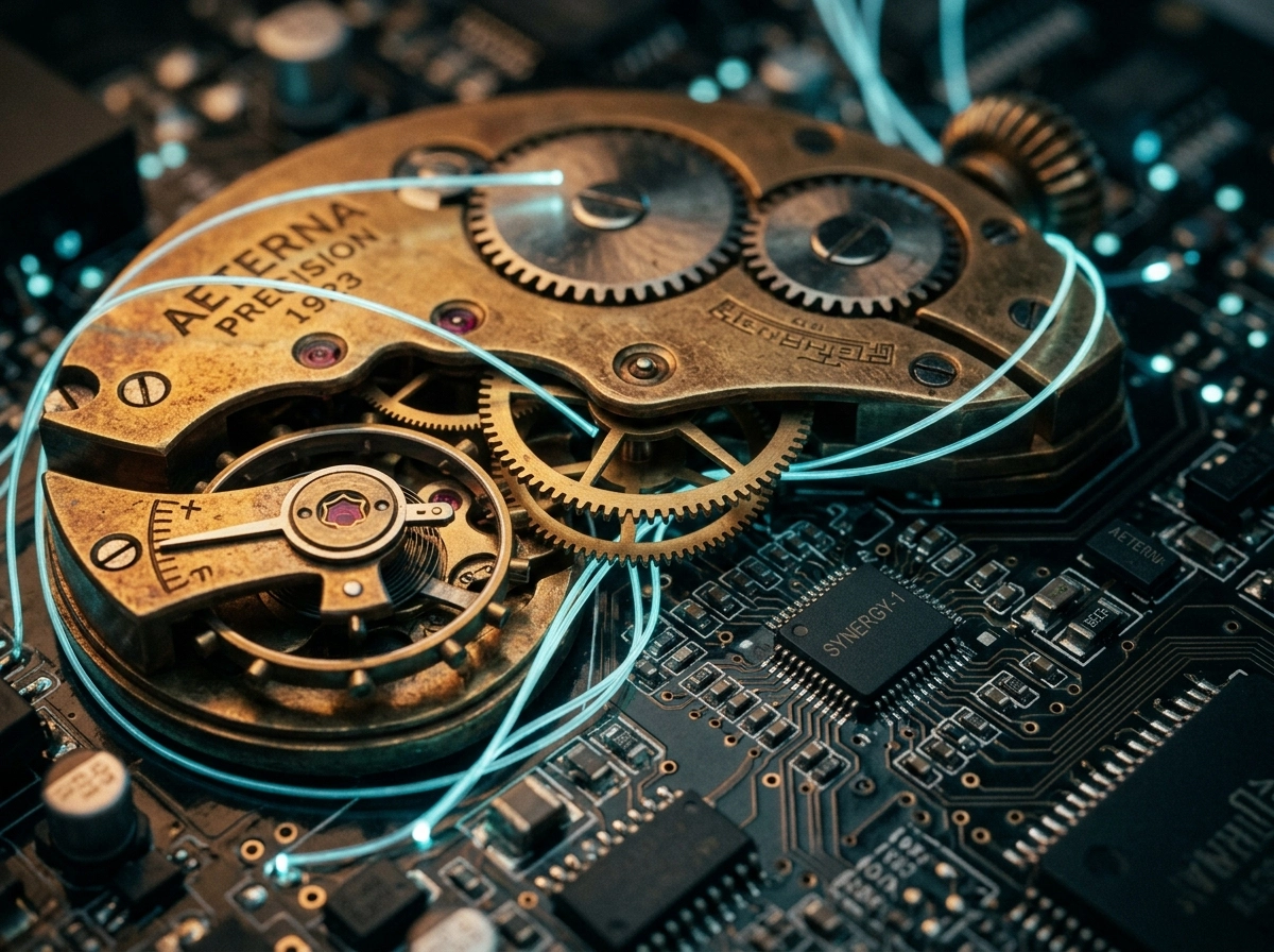 Vintage watch gears integrated with a circuit board, representing an AI seo writing assistant.