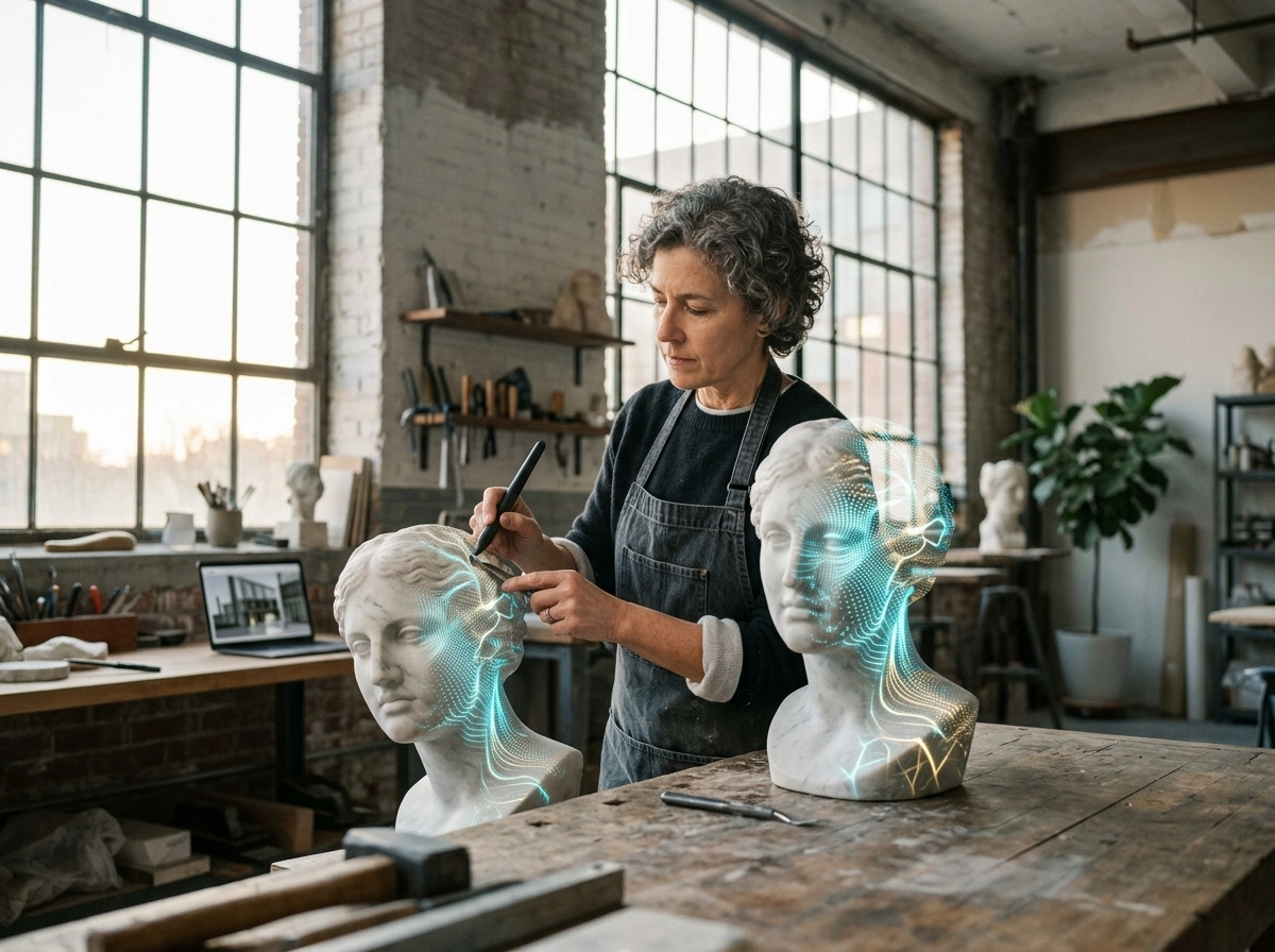 Artist sculpting a statue with digital overlays, showing human versus AI writing collaboration.