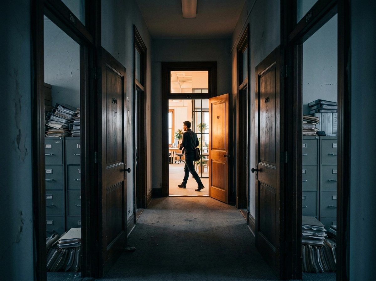 A person walking into an office, representing a shift from human writing to an AI SEO writing assistant.