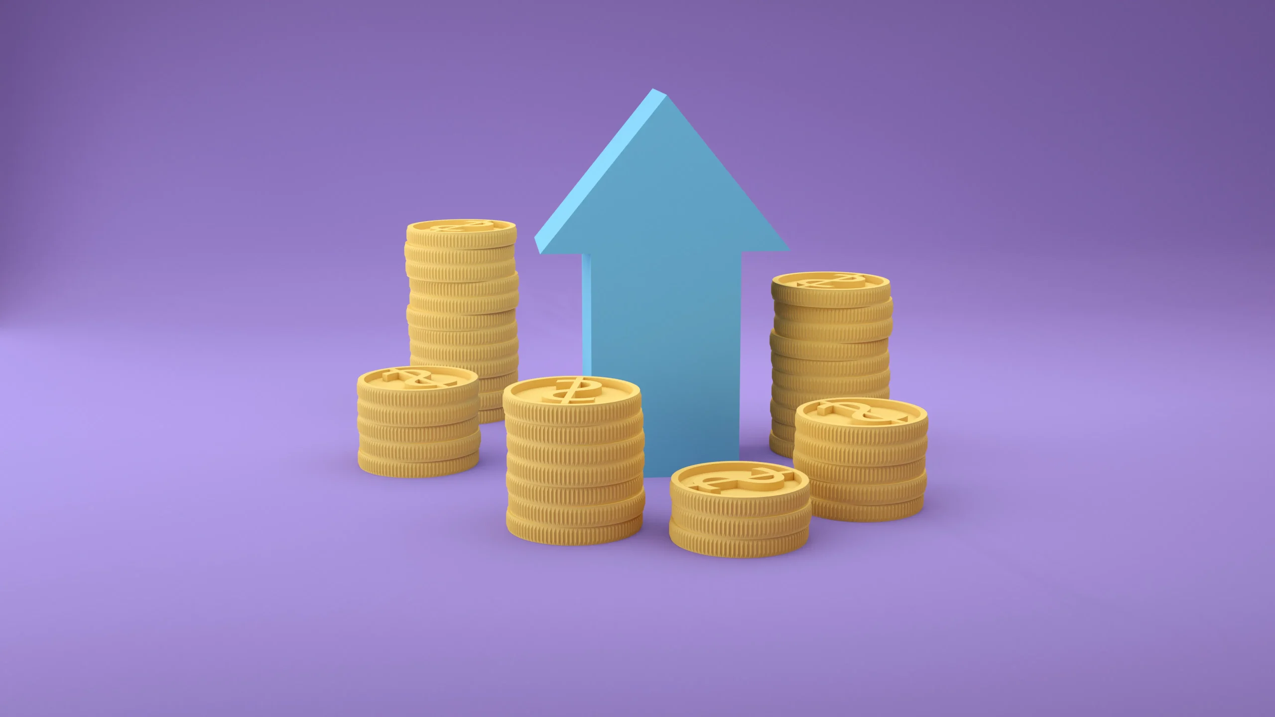 Blue arrow pointing up behind stacks of gold coins, representing efficient article generation and ROI.