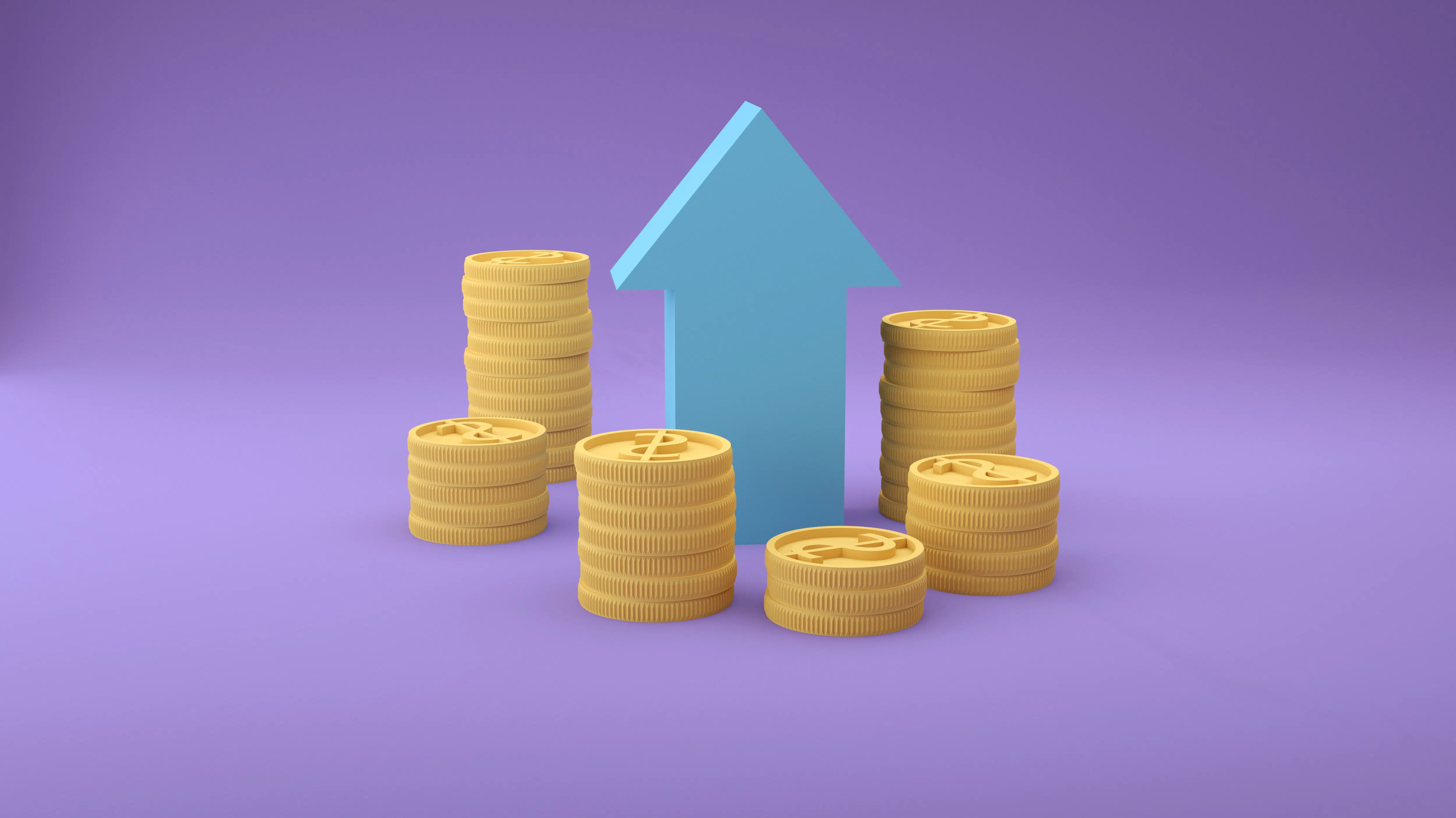 Blue arrow pointing up behind stacks of gold coins, representing efficient article generation and ROI.